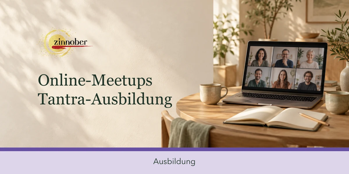Online-Meetups für Tantra-Ausbildungsteilnehmende – Laptop mit Videokonferenz und offenem Notizbuch