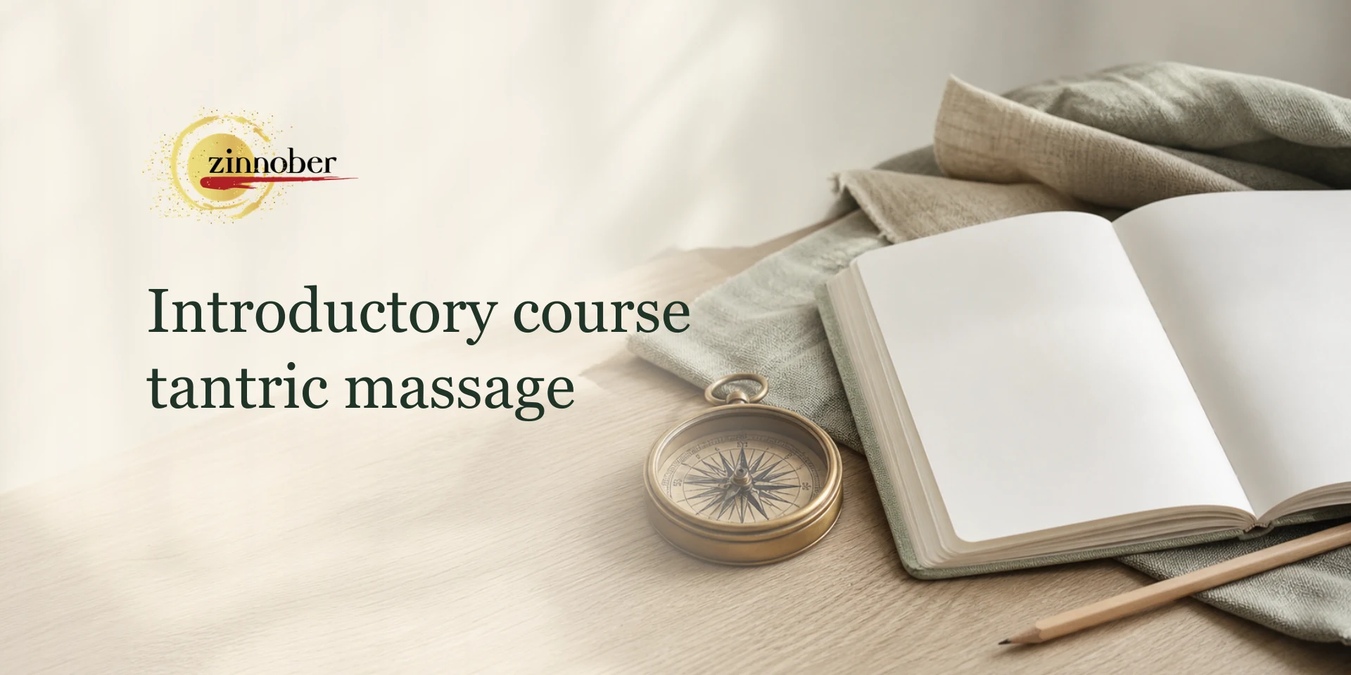 Introductory course tantric massage at Zinnoberschule – course image with a compass and open notebook